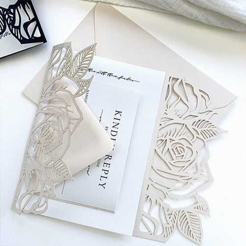 Custom laser cut rose gatefold invitations - LCI Paper