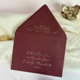 White Garden with All Formal fonts on Merlot/ Maroon Burgundy Envelope