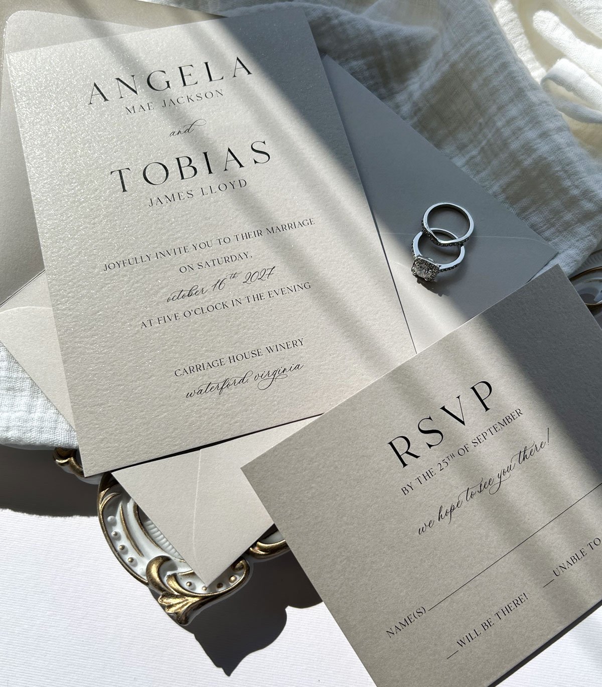 Simple shimmery gray felt texture wedding invitation