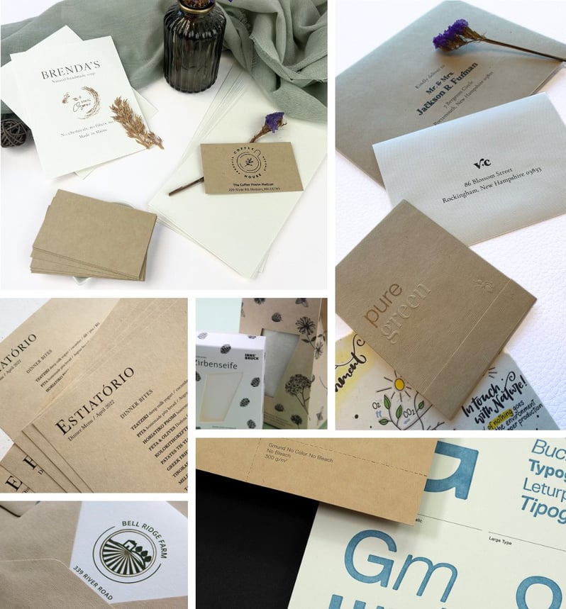 Photo collage of printed examples of Gmund No Color No Bleach paper, cards and envelopes from LCI Paper