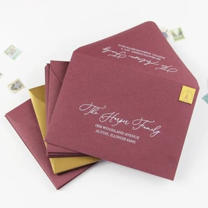 Shown here: Merlot (a wine red often referred to as maroon or burgundy) envelopes with white ink printing