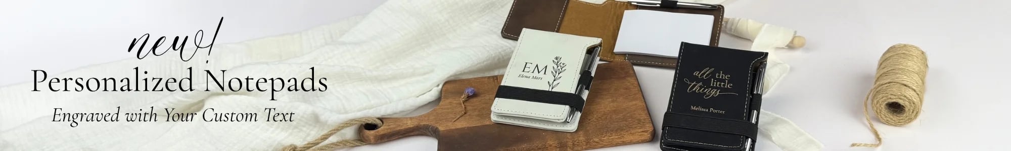 Shop new Customizable Notepads, custom engraved with your choice of text with LCI Paper (Notepads shown here: White, Black/Gold, and Rustic Brown)
