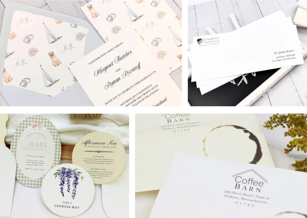 Image shows a photo collage of several examples of printed LCI Smooth Bright Radiant White and Creamy Ecru, Easy Printable Cardstock Paper, Envelopes (Straight Flap and Euro Flap Styles), and Gold Foil Deckle Edge Placecards, Shape Cards (Ovals and Circles)