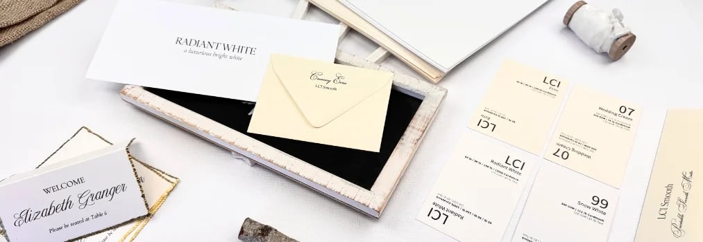 Color comparison of bright Radiant White and creamy Ecru envelopes featuring color comparison cards with Gmund Snow White and Wedding Cream