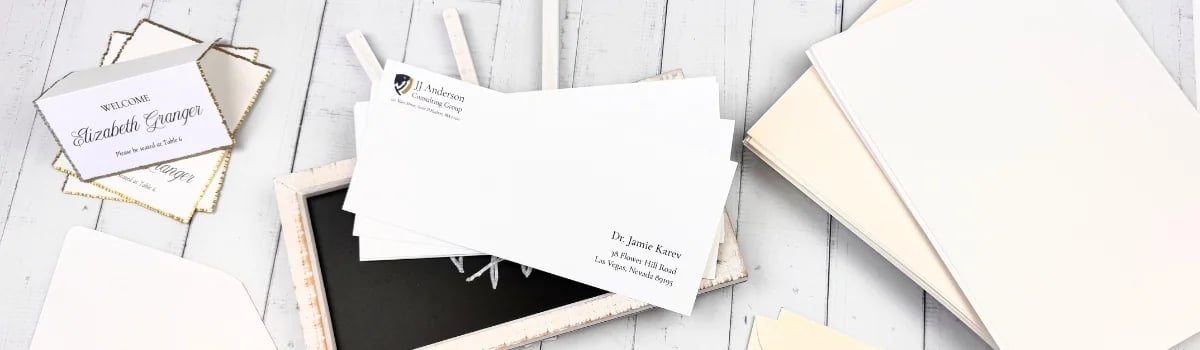 Image shows LCI Smooth Bright Radiant White and Creamy Ecru, Easy Printable Cardstock Paper, Envelopes, and Gold Foil Deckle Edge Placecards
