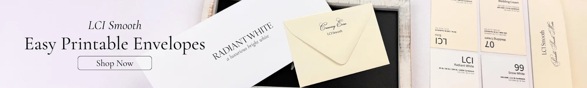 LCI Smooth Radiant White #10 envelope next to creamy Ecru A2 Euro Flap envelope, both with black ink printing