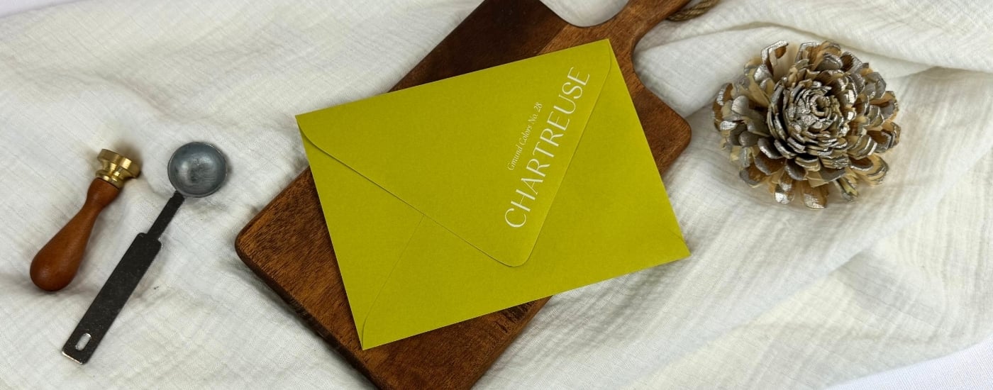 vibrant green-yellow white ink printed Chartreuse envelopes at LCI on a white linen blanket and brown wooden tray