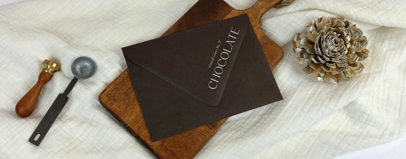 white ink printed Chocolate brown envelopes at LCI on a white linen blanket and brown wooden tray