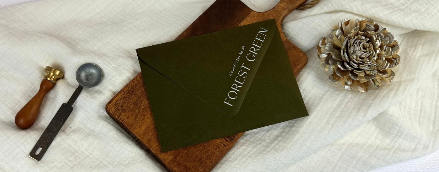 white ink printed dark olive green/ Forest Green envelopes at LCI on a white linen blanket and brown wooden tray