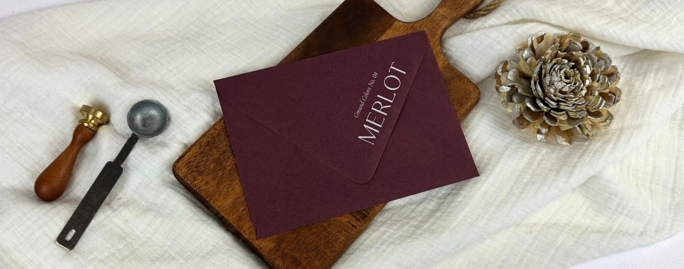 wite ink printed Merlot (burgundy/maroon) envelopes at LCI on a white linen blanket and brown wooden tray