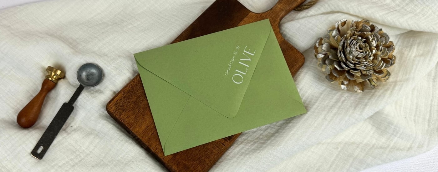 white ink printed light Olive Green envelopes at LCI on a white linen blanket and brown wooden tray