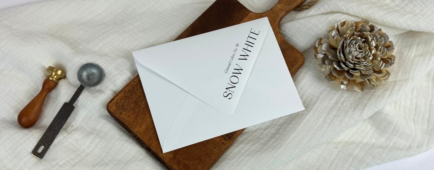black ink printed bright Snow White envelopes at LCI on a white linen blanket and brown wooden tray