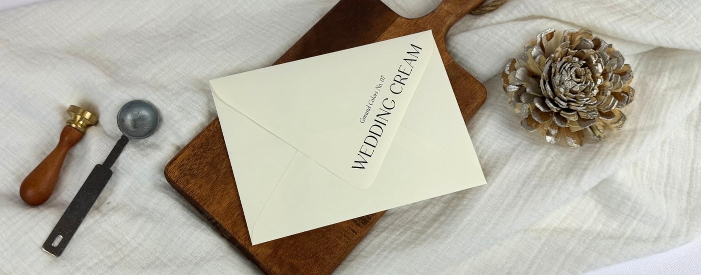 black ink printed Wedding Cream envelopes at LCI on a white linen blanket and brown wooden tray