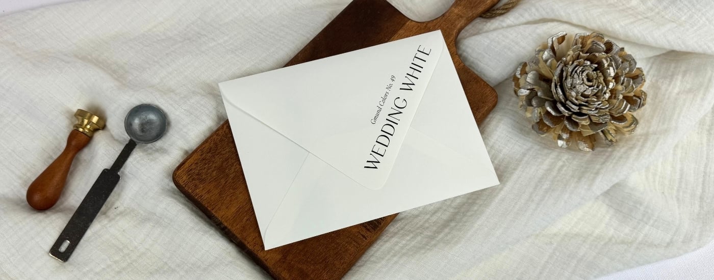 black ink printed Wedding White envelopes at LCI on a white linen blanket and brown wooden tray